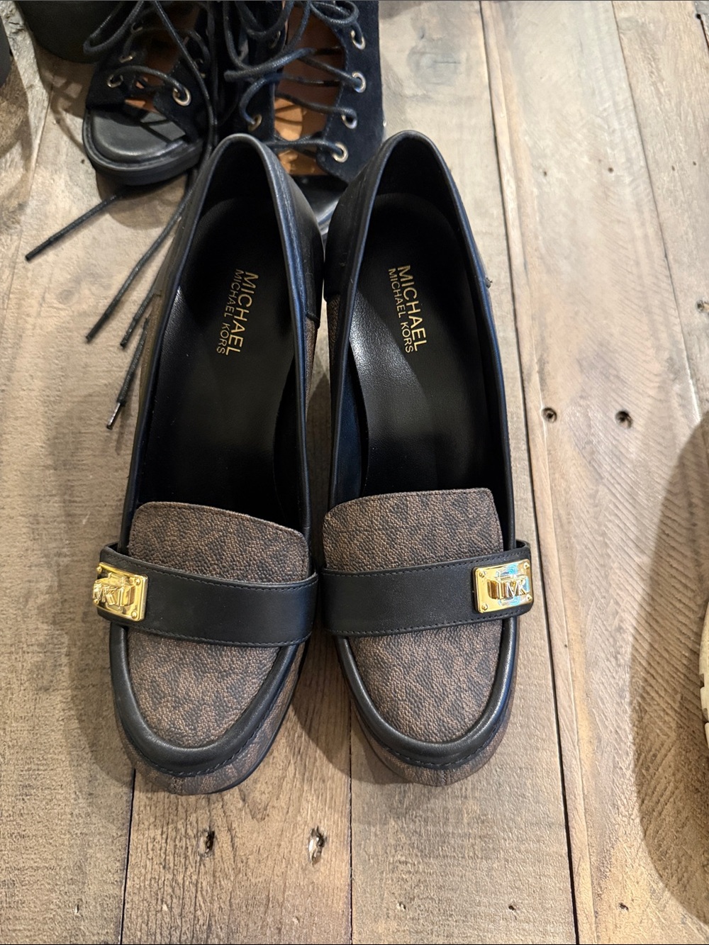 Michael Kors Brown and Black Logo Penny Loafers with Gold MK Plaque